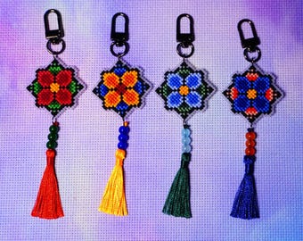 Korea Dancheong Norigae Beaded Tassel Cross Stitch Keychain | Handmade Kpop Accessory