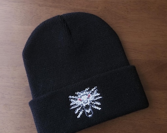 Handmade Witcher Inspired Beanie | Black Hat with Wolf School Emblem Embroidery | Gamer Cosplay Gift