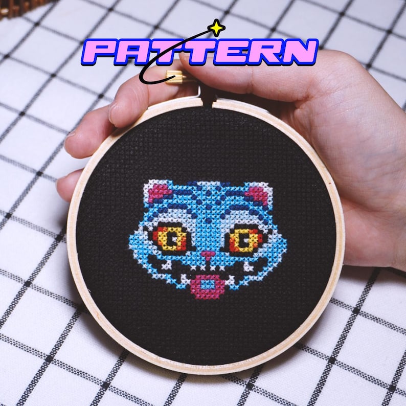 Derpy Tiger Face Cross Stitch Pattern | Instant Download PDF | K-Pop Demon Hunters Fan Art image 1