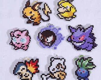 Handmade Cross-Stitch Keychains | Pokémon : Raichu, Psyduck, Jigglypuff, Gastly, Gengar, Cyndaquil, Cubone, Oddish