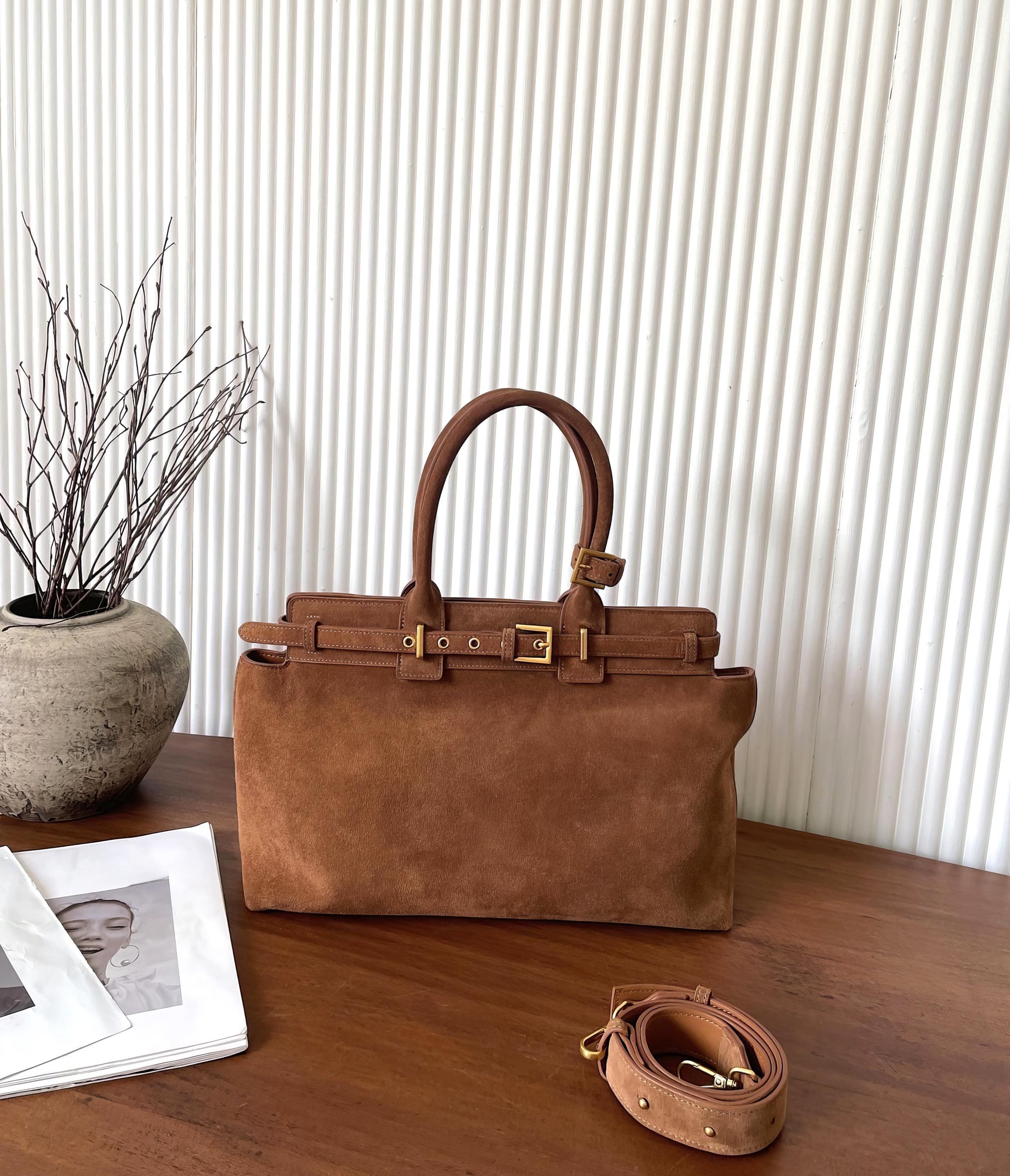 Minimal Suede Shoulder Bag, Suede Leather Tote Bag, Suede Top Handle Bags, Luxury Leather Handbags