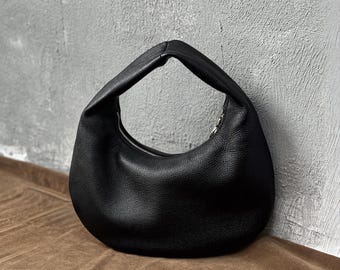 Genuine Leather Hobo Bag, Minimalist Crescent Shoulder Bag, Soft Cowhide Handbag, Slouchy Leather Tote
