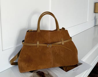 Suede Leather Tote Bag, Minimal Suede Totes, Leather Top Handle Bags,  Luxury Handbags