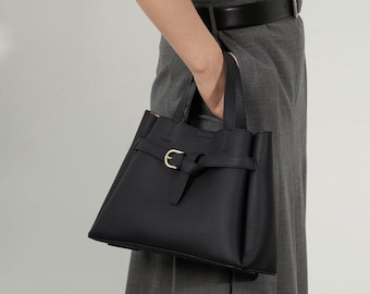 Minimal Leather Top Handle Bag, Small Leather Tote for Women, Genuine Leather Handbag