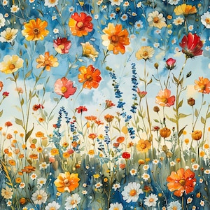 Papier numérique floral mélange - champ de fleurs fonds peints à l'eau - 5 modèles - usage commercial