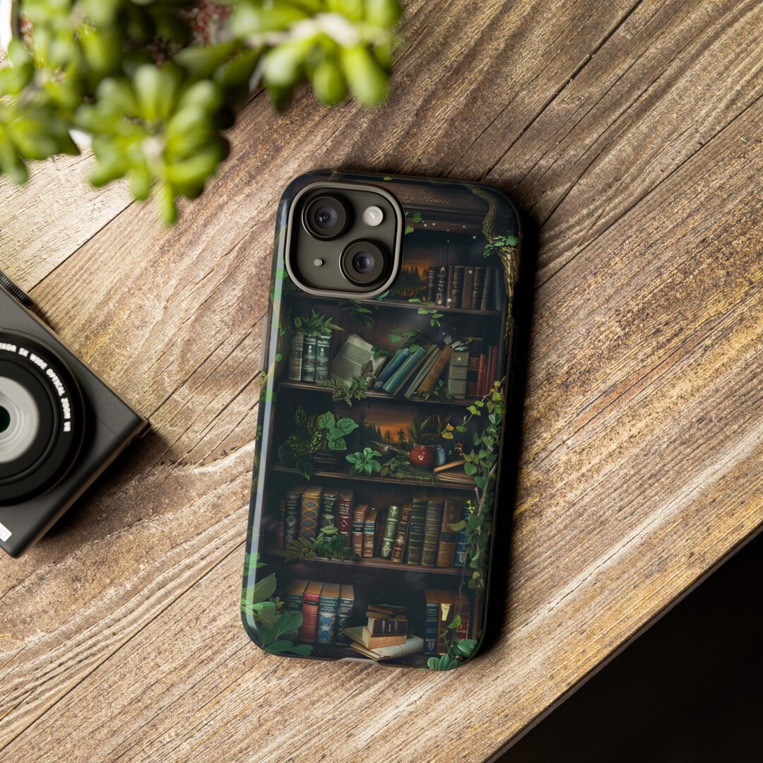 Bookshelf Phone Case Dark Cottagecore Phone Protector Moody Botanical Aesthetic Cover Book