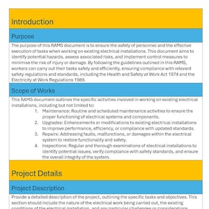 以下が含まれることがあります： RAMS ドキュメントの目的と作業範囲を概説した文書。この文書は、既存の電気設備での作業における、人員の安全と作業の効率的な遂行を目的としています。