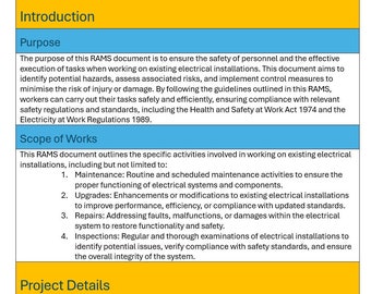 Electrical Work Method Statement Template, Risk Assessment, Electrical RAMS, Existing Installations. Fully Editable, Brandable, MS Word