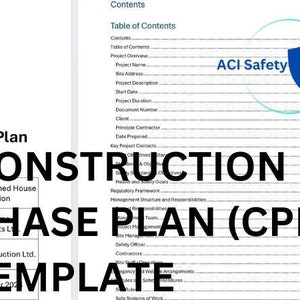 Può includere: Un modello di piano di fase di costruzione blu e bianco con il testo "Construction Phase Plan (CPP)" in grandi caratteri grassetto. Il modello include sezioni per i dettagli del progetto, le informazioni del cliente, il principale appaltatore e la data di inizio.