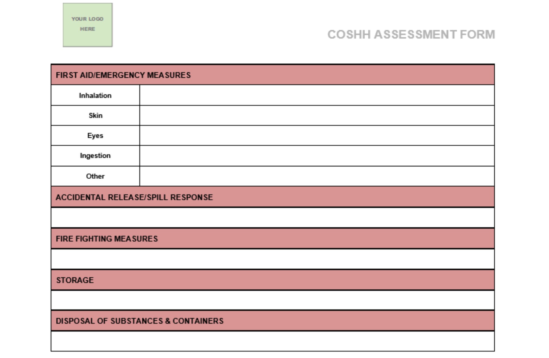 Blank COSHH Assessment Template MS Word Fully Customisable Editable Blank COSHH Assessment Template MS Word Fully Customisable Editable