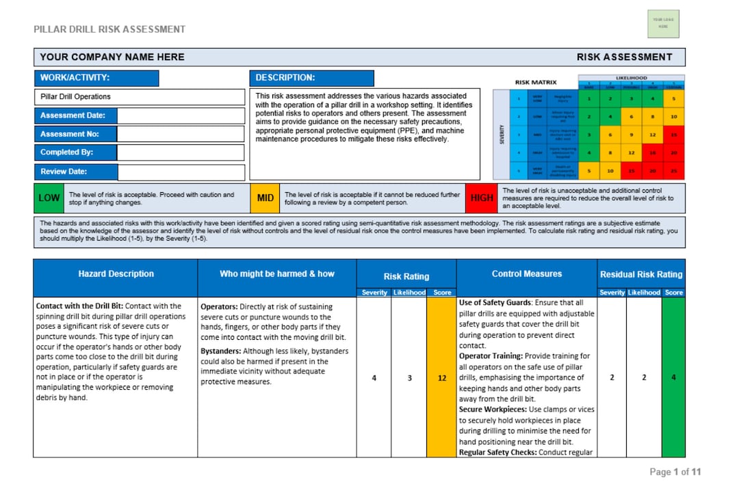 Pillar Drill Risk Assessment MS Word, Fully Customisable, Editable and
