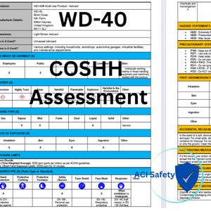 Puede incluir: Un formulario de evaluación COSHH azul y blanco para el producto en aerosol WD-40 Multi-Use. El formulario incluye secciones para declaraciones de peligro, precauciones, primeros auxilios, liberación accidental y medidas de lucha contra incendios. El formulario también incluye una sección para el equipo de protección personal (EPP) requerido.