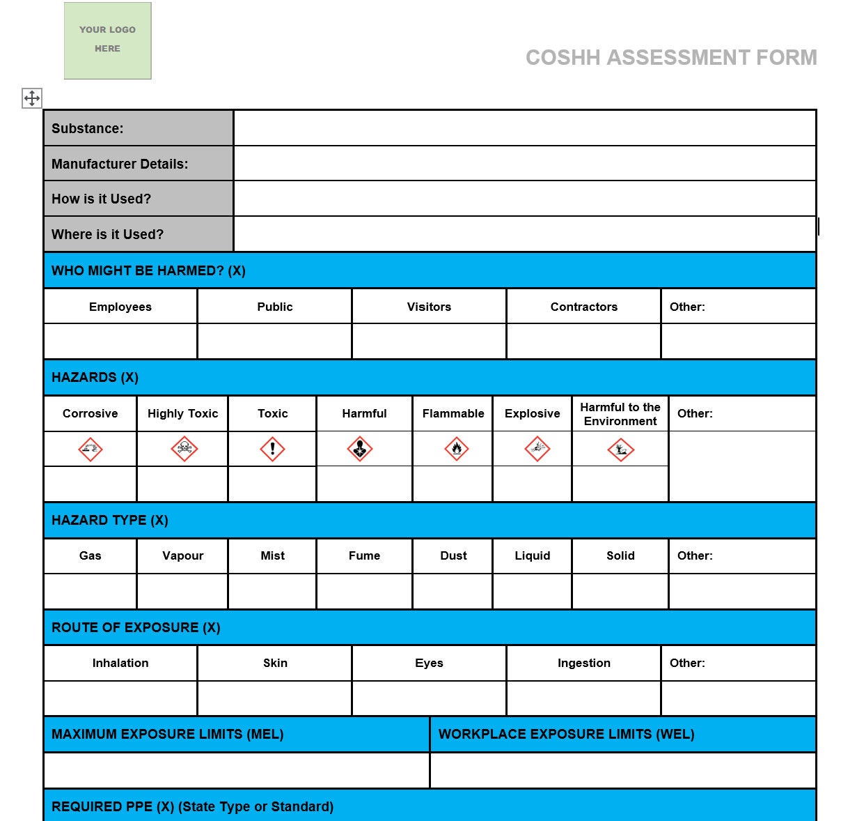 Blank COSHH Assessment Template MS Word Fully Customisable Editable Blank COSHH Assessment Template MS Word Fully Customisable Editable