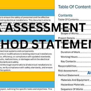 May include: A blue and yellow document with the title "Risk Assessment Method Statement" and a table of contents. The document includes a section for "Scope of Works", "Project Details", "Duration of Work", "Working Hours", "Key Contacts", "Responsibilities", "Risk Assessment", "Method Statement", "Materials and Equipment", "Hazardous Materials", and "Sequence of Works".