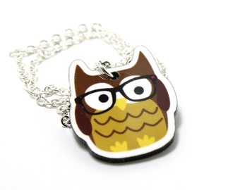 Nerdy Owl Acrylic Charm Necklace on Silver Plated Chain