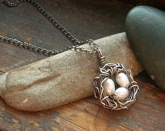 Rustic Bird's Nest necklace Sterling Silver nest necklace with white freshwater pearls mothers day mother grandmother