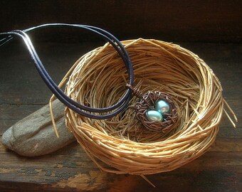 Rustic Bird  Nest necklace copper nest necklace robin egg nest necklace on leather cord with 2 eggs mothers day mother grandmother