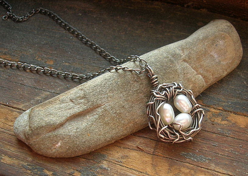 Rustic Bird's Nest Necklace Sterling Silver Nest Necklace With White ...