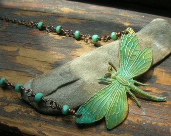 Hovering Meadowhawk Dragonfly in verdigris necklace