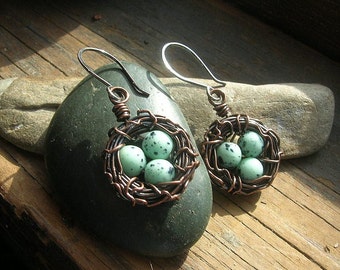 Bird nest earrings robin nest earrings Rustic Nest earrings speckled eggs copper nest earrings Mother's Day mother or grandmother