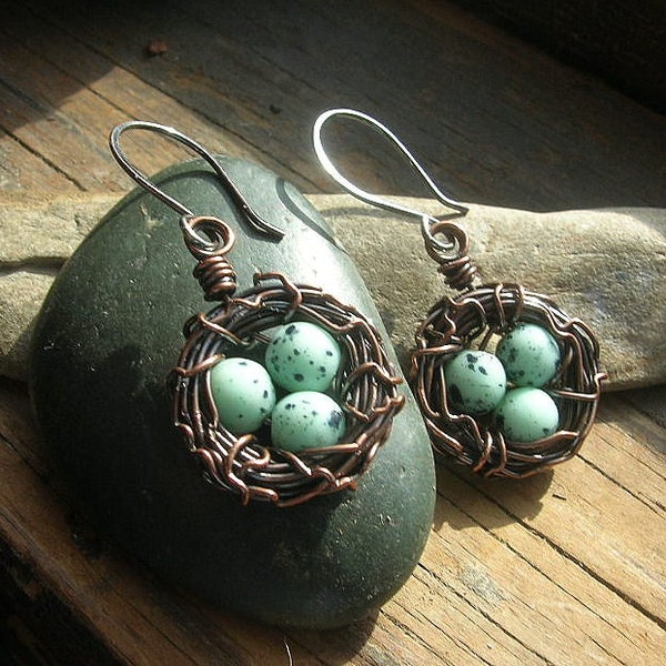 Bird nest earrings robin nest earrings Rustic Nest earrings speckled eggs copper nest earrings Mother's Day mother or grandmother