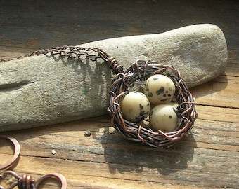 Bird Nest necklace copper nest necklace tan glass beads with black flecks mothers day Mothers or grandmothers