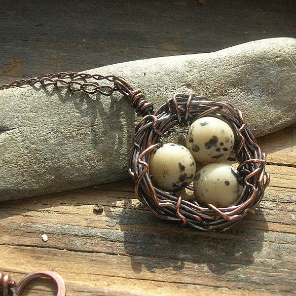 Bird Nest necklace copper nest necklace tan glass beads with black flecks mothers day Mothers or grandmothers