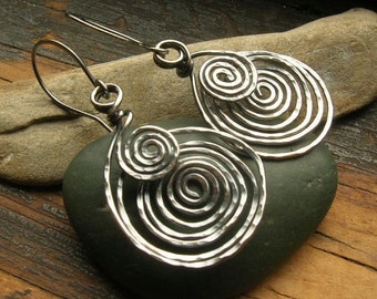 Hammered Wire work earrings wire wrapped earrings Etruscan Spiral earrings in sterling silver larger size sterling silver swirl earrings