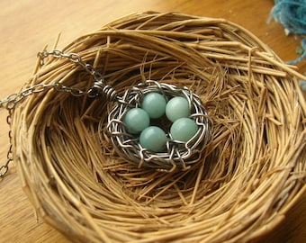 Custom Rustic Robin's Nest Necklace Bird nest necklace sterling silver nest necklace, you choose number of eggs Mothers or grandmothers gift