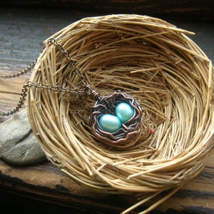 Custom Rustic Robins Nest necklace Bird nest necklace Copper nest necklace Robin egg with freshwater pearls mothers day mother grandmother image 3