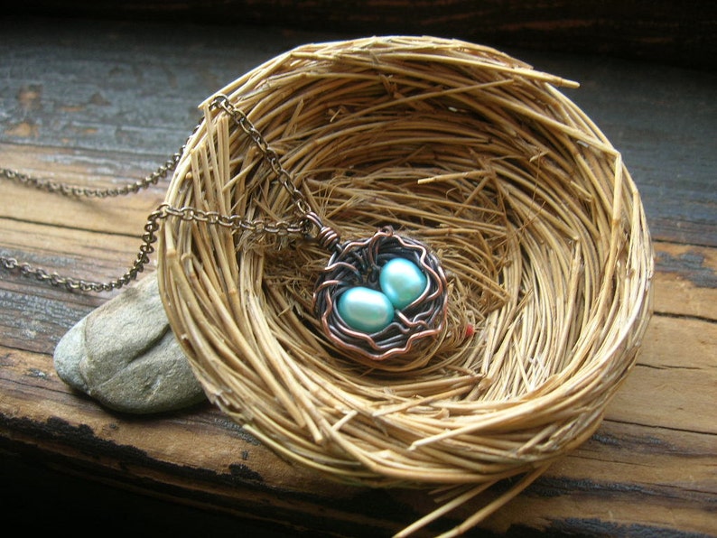 Custom Rustic Robins Nest necklace Bird nest necklace Copper nest necklace Robin egg with freshwater pearls mothers day mother grandmother image 3