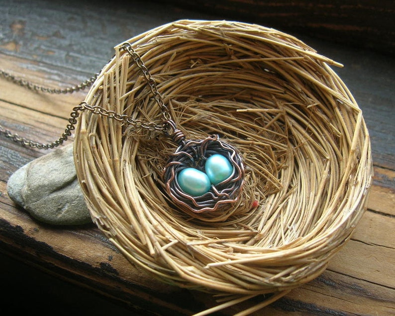 Custom Rustic Robins Nest necklace Bird nest necklace Copper nest necklace Robin egg with freshwater pearls mothers day mother grandmother image 4