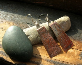 Trapeze textured copper and sterling silver earrings