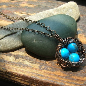 Bird nest necklace rustic Robins Nest necklace  copper nest necklace with dark blue eggs mothers day mother grandmother