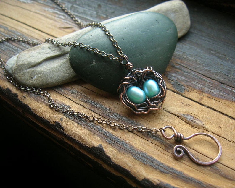 Custom Rustic Robins Nest necklace Bird nest necklace Copper nest necklace Robin egg with freshwater pearls mothers day mother grandmother image 2