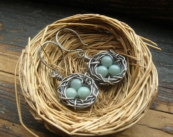 Rustic Bird Nest earrings Robin egg nest earrings bird egg earrings Sterling Silver bird nest earrings Mother Grandmother Mother's Day