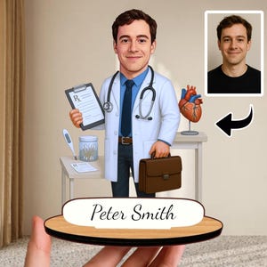 Doctor Gift – Personalized Wooden Caricature Figurine, Custom Family Doctor Portrait Keepsake, Clinic Desk Decor