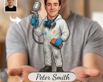 Personalized Painter Figurine from Photo, Custom Wooden Artist Caricature Gift