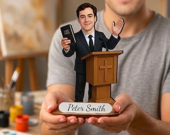 Personalisierte Pastorfigur nach Foto, individuelle Pastorkarikatur aus Holz als Geschenk