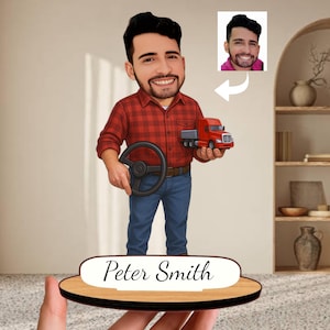 Personalized Trucker Caricature: Custom Wooden Figurine, Retirement Gift