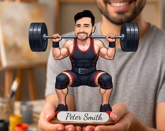 Personalized Weightlifter Figurine from Photo, Custom Wooden Fitness Trainer Caricature Gift