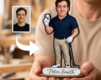 Personalized Golfer Figurine from Photo, Custom Wooden Golf Player Caricature Gift