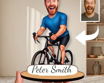 Personalized Cyclist Gift: Custom Wooden Caricature Figurine, Bike Lover Decor, Sports Desk Keepsake