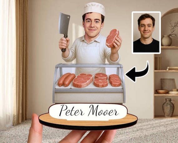 Personalized Butcher Gift: Custom Wooden Caricature Figurine, Meat Cutter Portrait Keepsake, Butchery Shop Decor