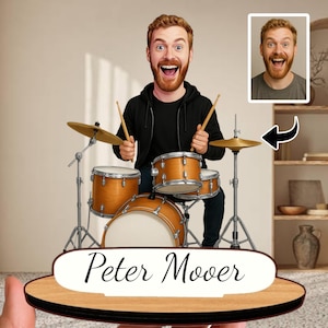 Drummer Gift - Personalized Wooden Caricature Figurine | Custom Drum Kit Decor | Unique Birthday, Christmas or Thank-You Present