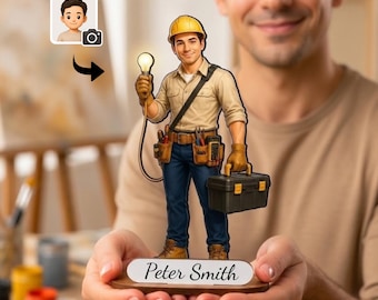 Personalized Electrician Wooden Figurine from Photo, Custom Electrician Caricature Gift