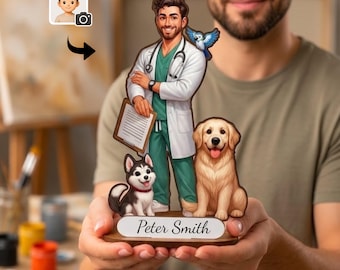 Personalized Veterinarian Figurine from Photo, Custom Wooden Vet Caricature Gift