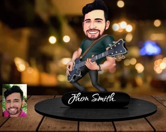 Baratija personalizada de estatuilla de guitarrista de dibujos animados de madera en 3D, retrato de músico de dibujos animados personalizado, regalo de cumpleaños, regalo de Navidad, regalo para él