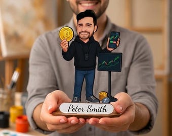 Figura personalizada de comerciante de criptomonedas a partir de una foto, caricatura de madera personalizada de un comerciante de criptomonedas.