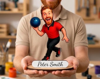 Personalized Bowling Player Wooden Figurine from Photo, Custom Bowler Caricature Gift